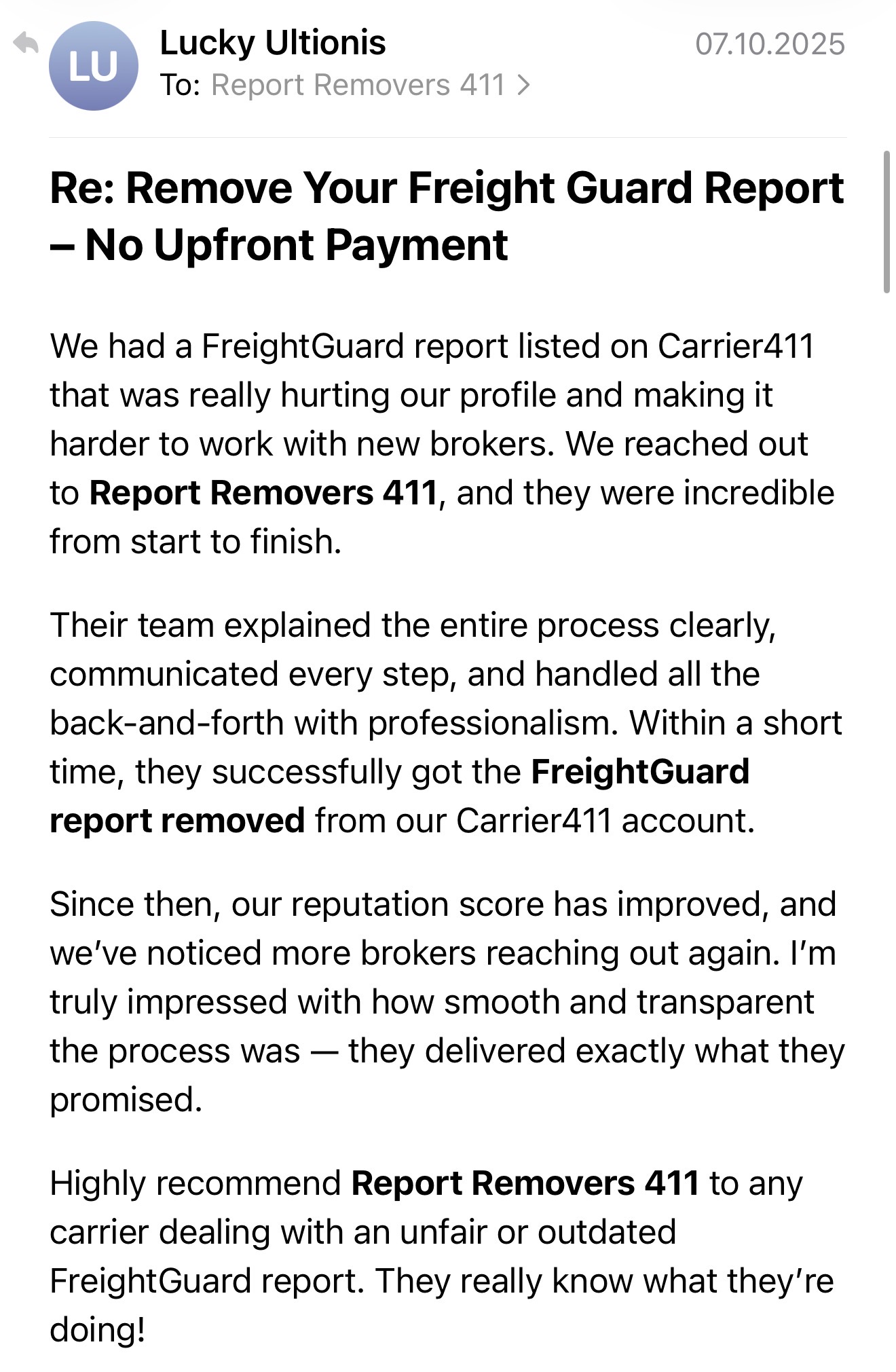 Client review showing successful FreightGuard report removal for trucking company